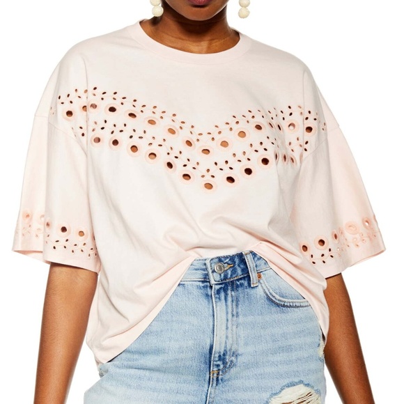 Topshop Tops - Topshop broderie eyelet boxy tee blush pink
